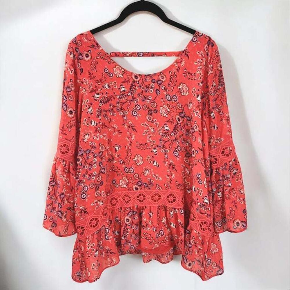 Floral Bell Sleeve Blouse - Vibrant Coral